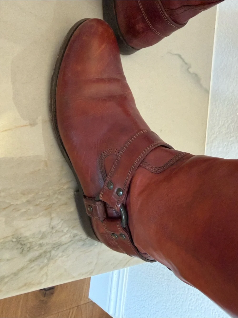Frye Melissa Harness Leather Riding Boots in a reddish-brown color